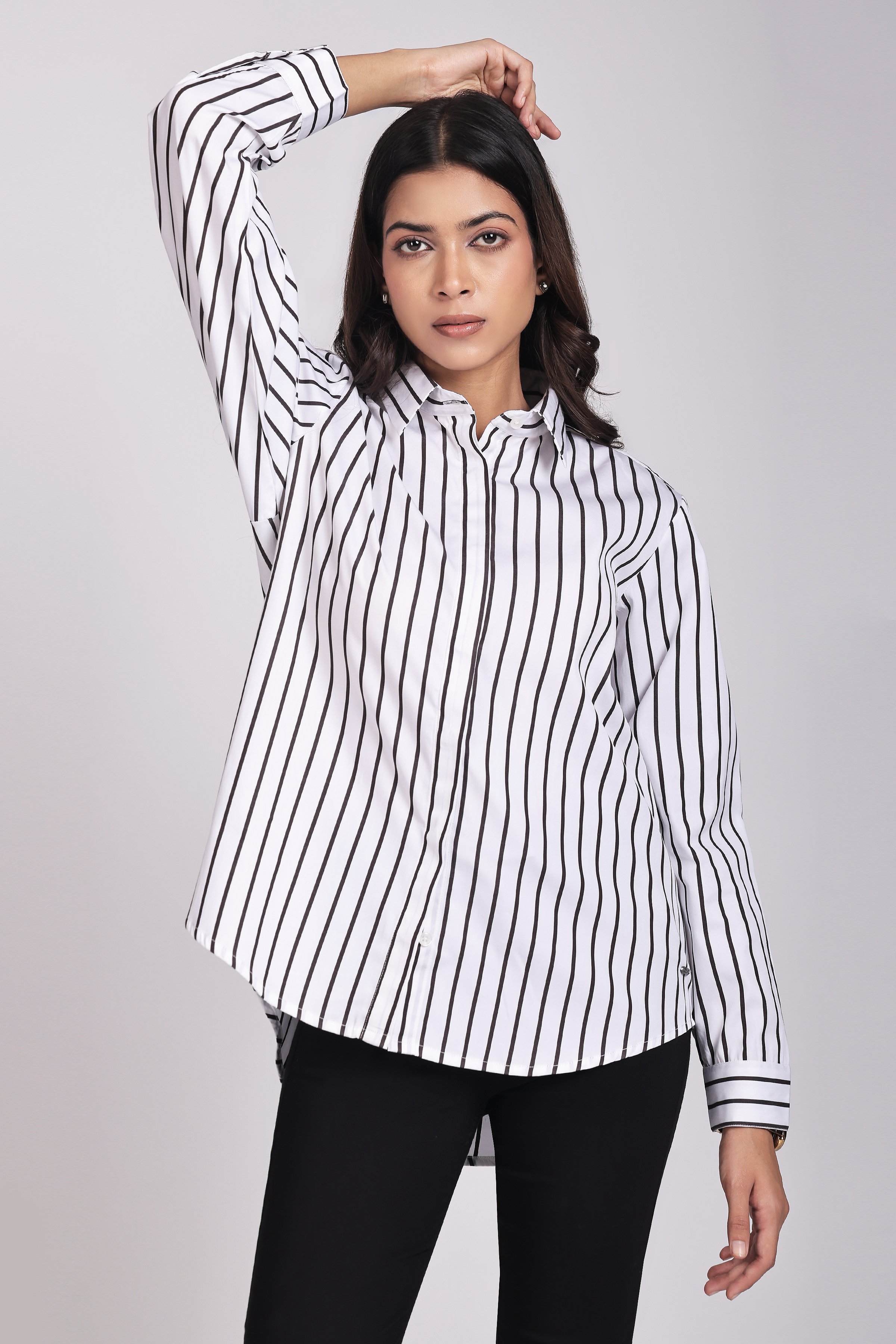 Women's Relaxed Fit Black Striped Shirt