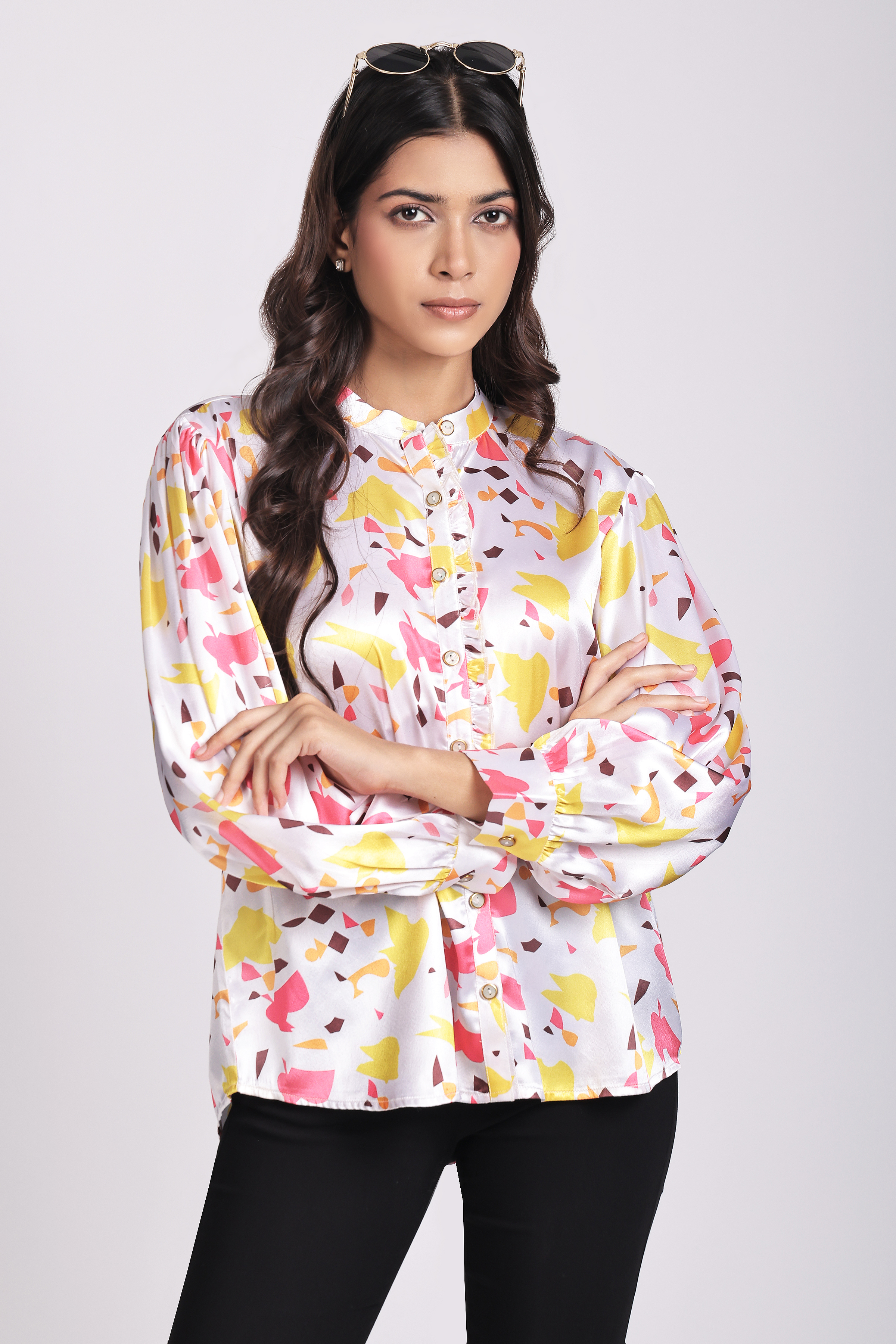 Women's Relaxed Fit Geometric Abstract Print Satin Shirt