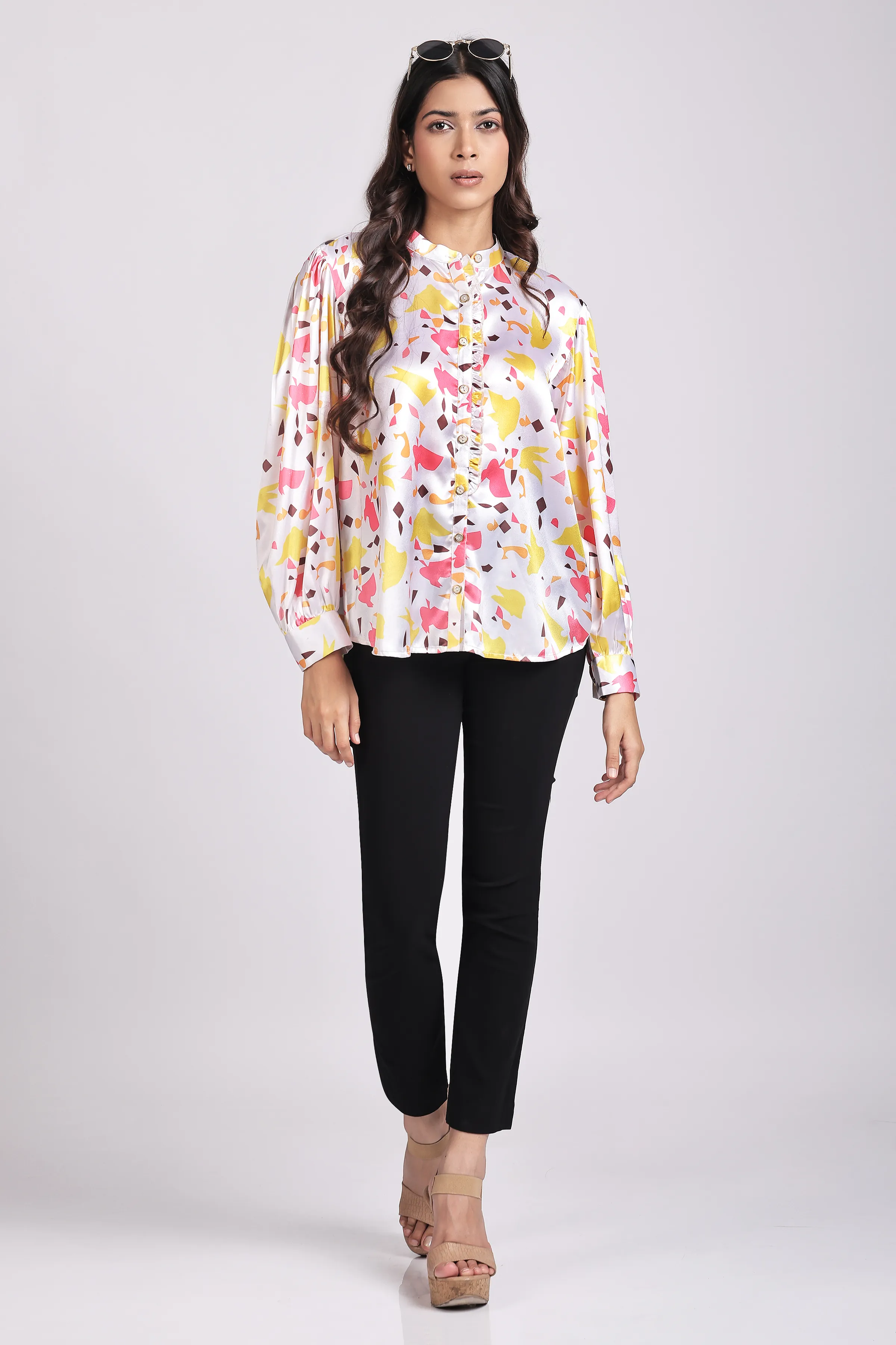 Women's Relaxed Fit Geometric Abstract Print Satin Shirt