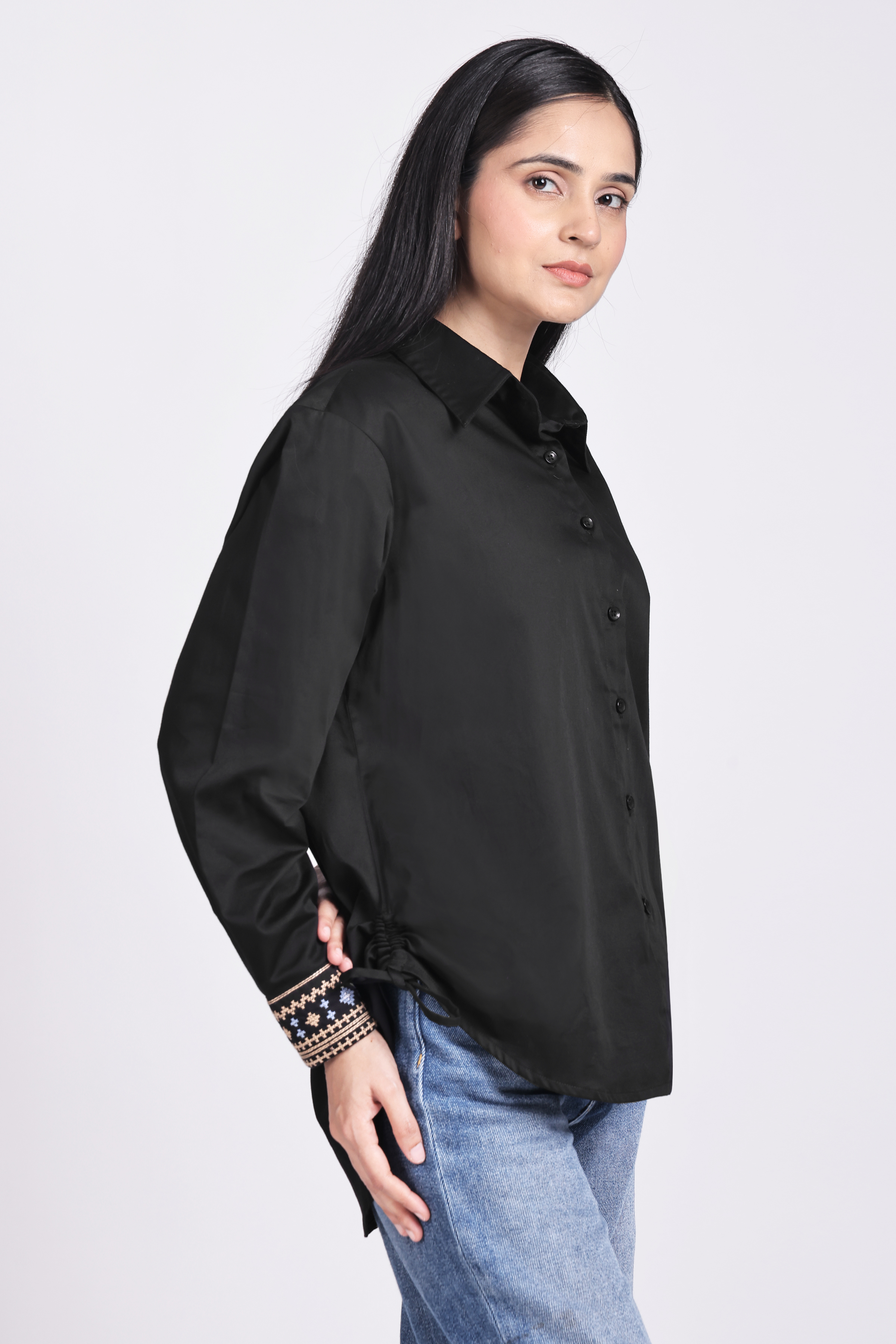 Women's Cuff Embroidered Oversized Black Shirt