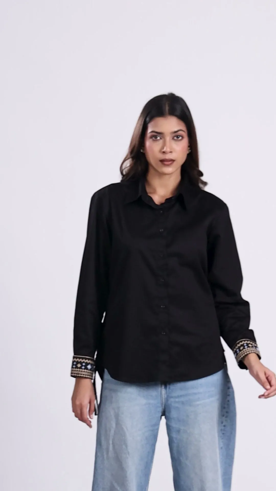 Women's Cuff Embroidered Oversized Black Shirt