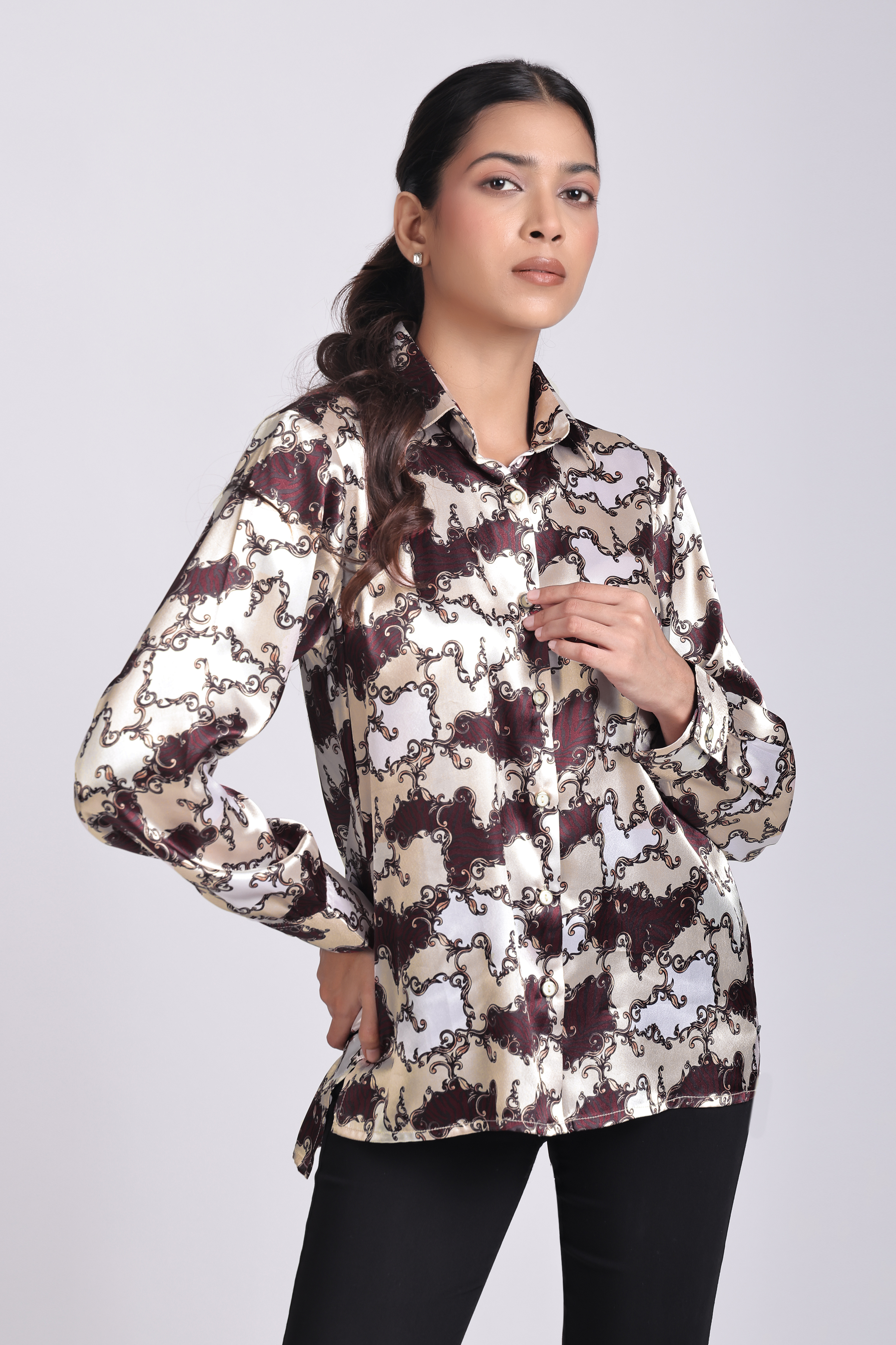 Women's Relaxed Fit Brown Print Satin Shirt 
