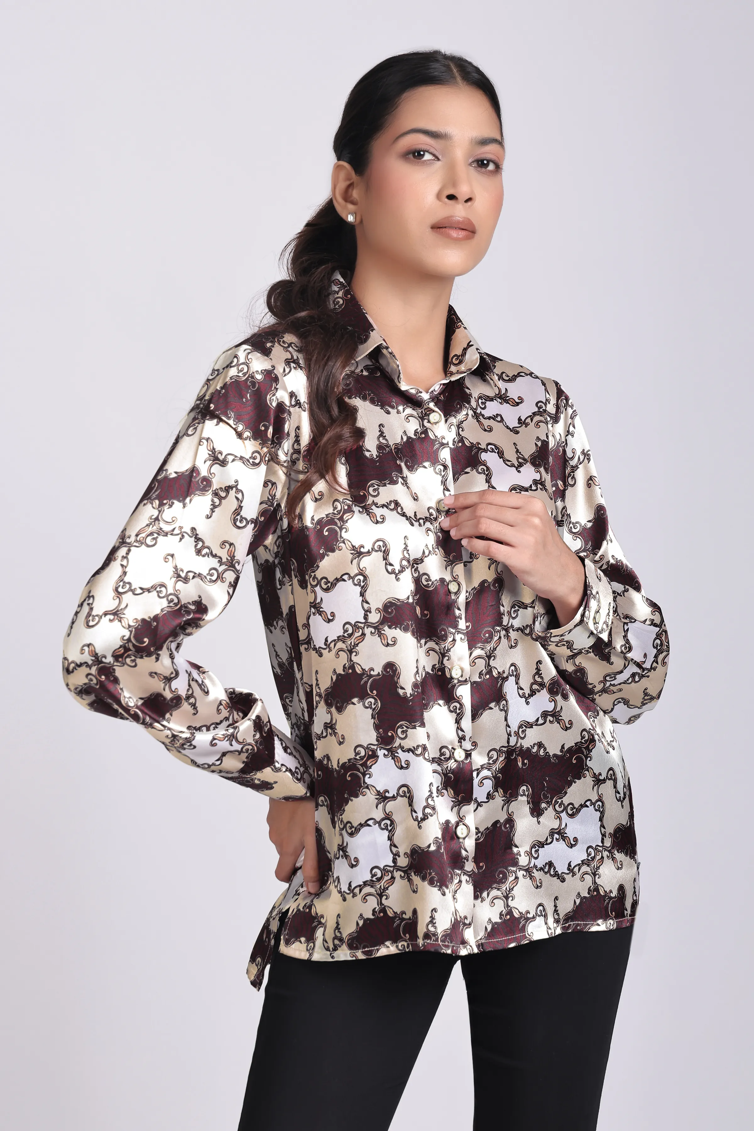 Women's Relaxed Fit Brown Print Satin Shirt 