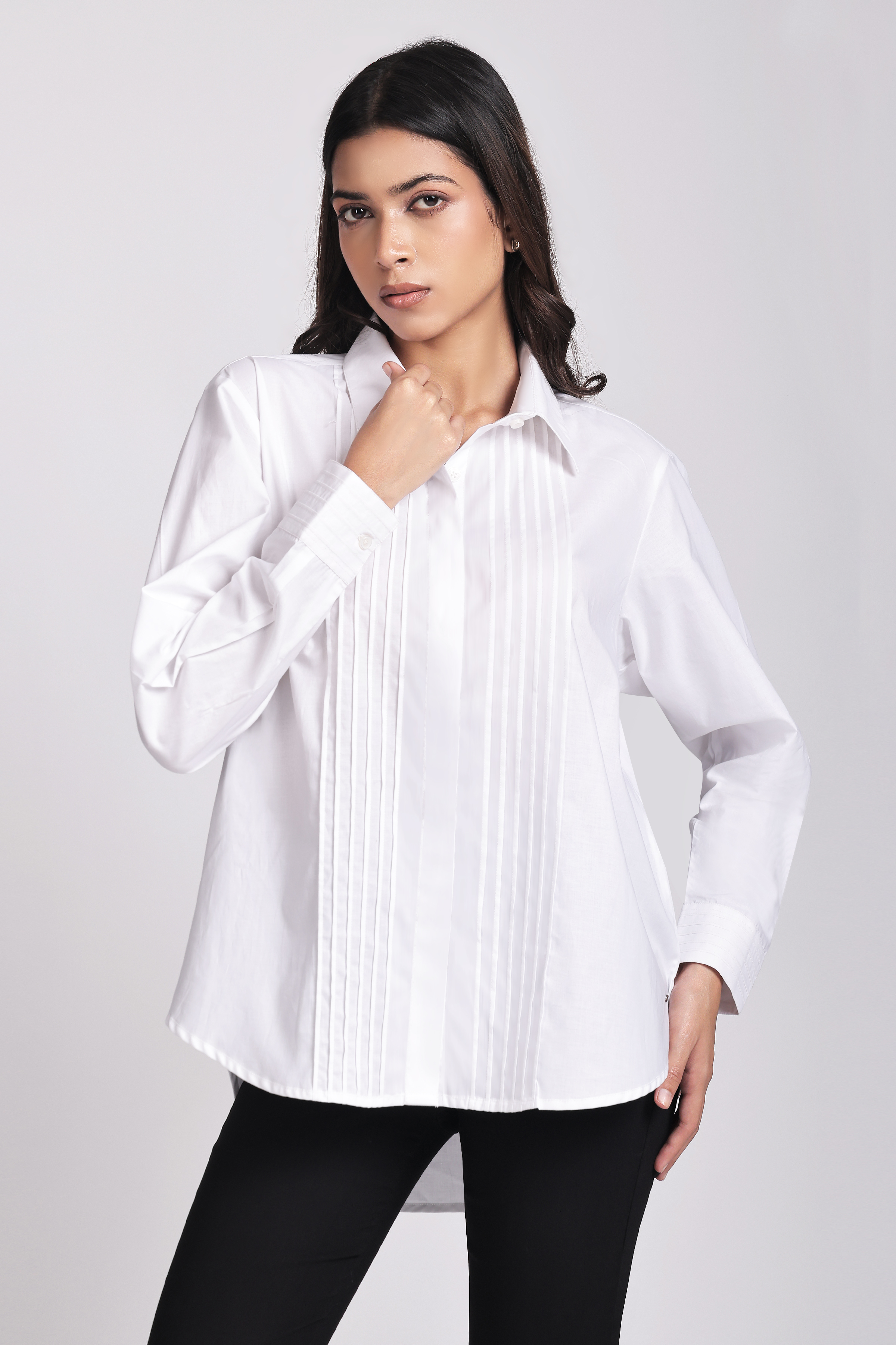 Women's Front Pleated Oversized White Shirt