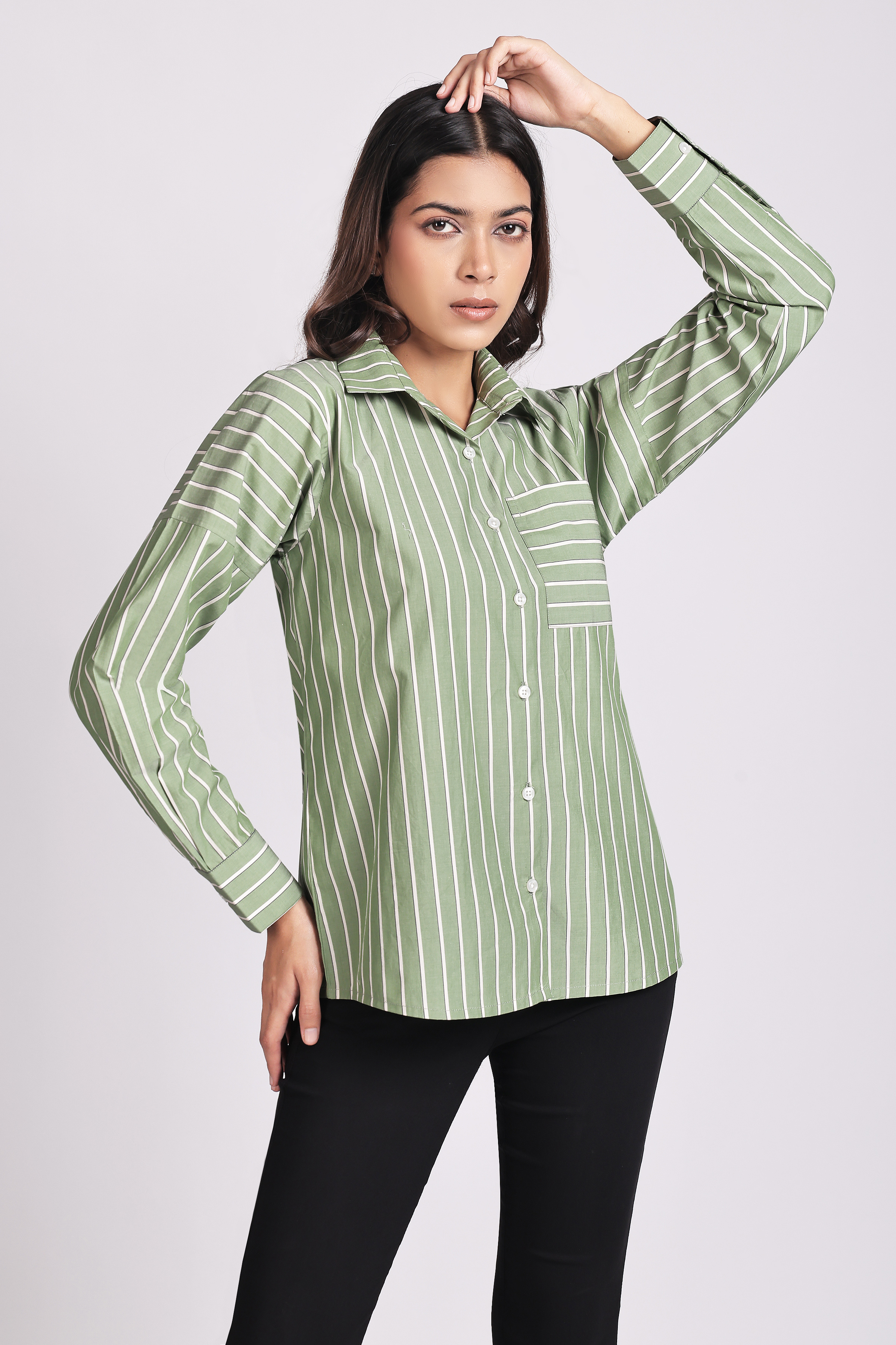 Women's Striped Oversized Green Shirt